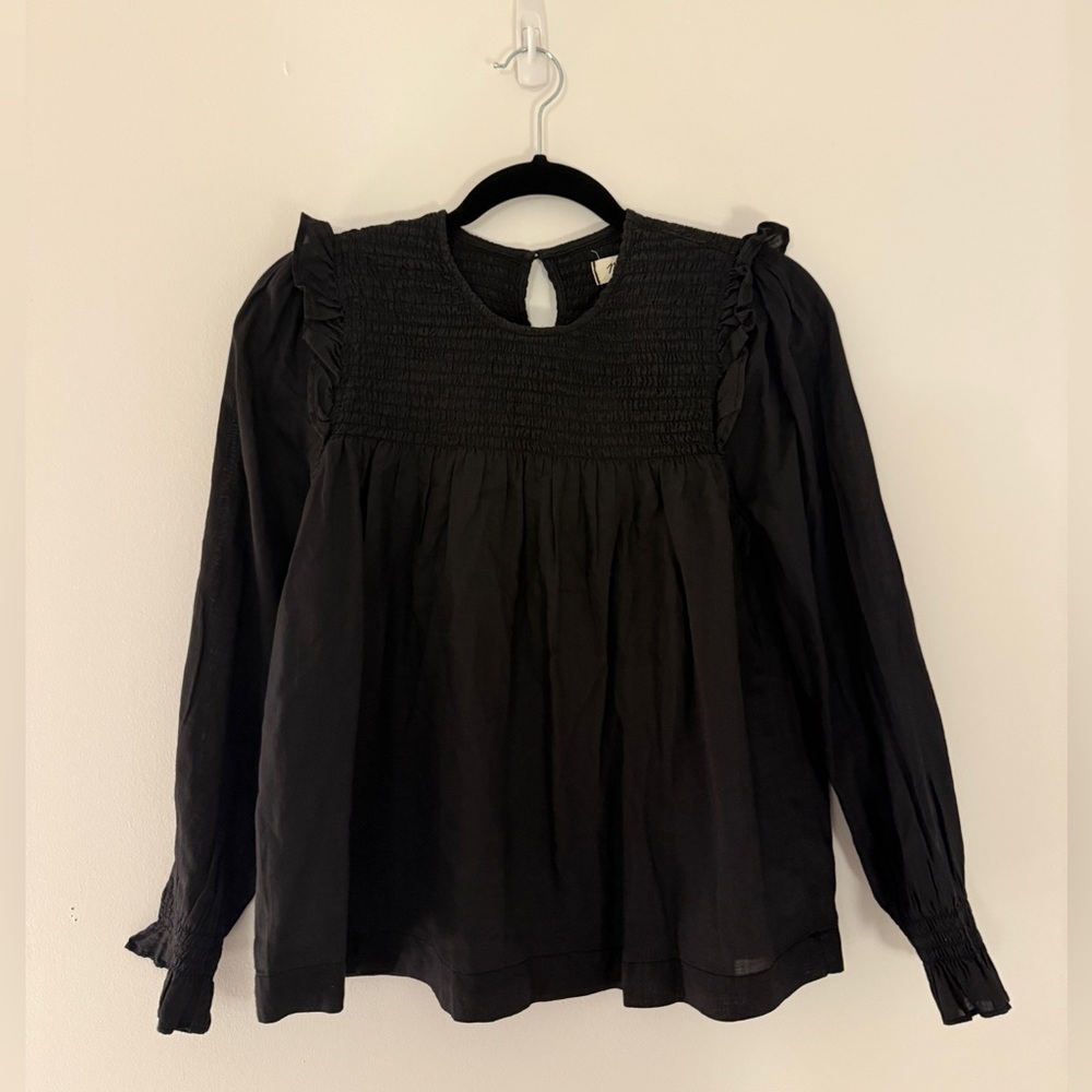 Madewell Black Smocked Ruffled Blouse